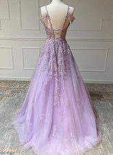 A-Line V-Neck Tulle Spaghetti Straps Floor-Length Prom Dress-27dress